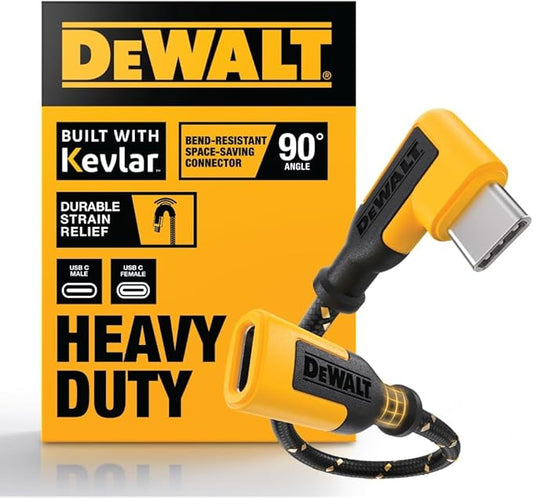 DEWALT Heavy Duty 90 Degree USB-C Extension Cable Adapter 100W PD – Angled Type-C Male to Female Connector with Kevlar Reinforced Cable, Durable Strain Relief, Fast Charging for Laptop, Tablet, Phone