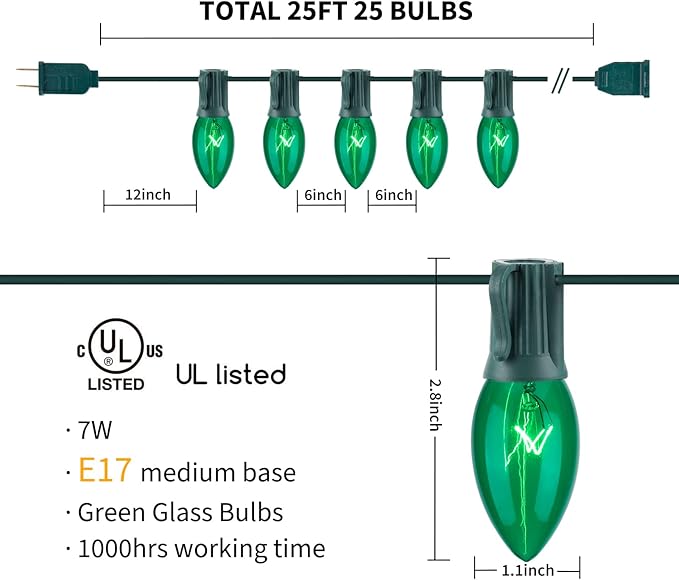C9 Christmas String Light Green, 25ft Vintage Christmas Tree Lights, Outdoor Roofline String Lights with 25+2 Green Bulbs for Patio Garden Holiday Indoor Home Xmas Decoration, Green Wire