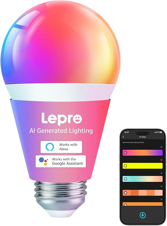 Lepro B1 AI Smart Light Bulbs - RGBWW Color Changing LED Bulb Works with Alexa & Google Assistant, AI Voice Control, Music Sync, A19 E26 Base, 8.5W 800Lumen, 2.4GHz WiFi & Bluetooth, 1 Pack（NO Remote