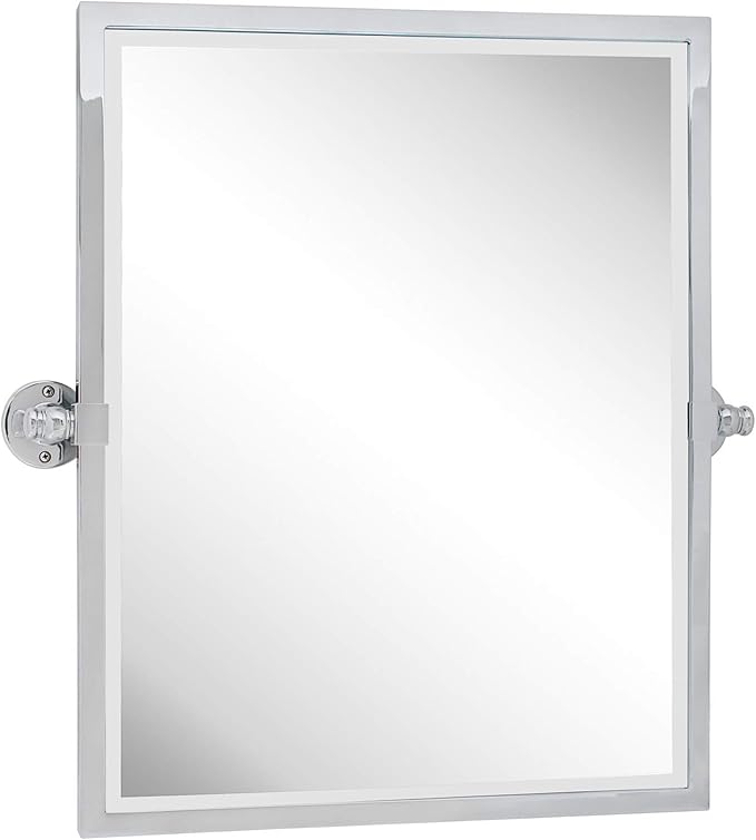 Polished Silver Metal Framed Pivot Rectangle Bathroom Mirror Tilting Beveled Vanity Mirrors for Wall, Overall 23.9 x 24 inches (Mirrror 20 x 24 inches)