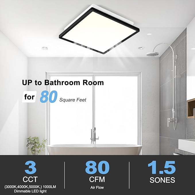 Tech Drive Bathroom Exhaust Fan with Light,80CFM 1.5Sone,Super Quiet Bathroom Ventilation Fan,1000lm Dimmable 3CCT LED Light 3000K/4000K/5000K Selectable, Energy Star Bath Fan, Decorative Black Trim