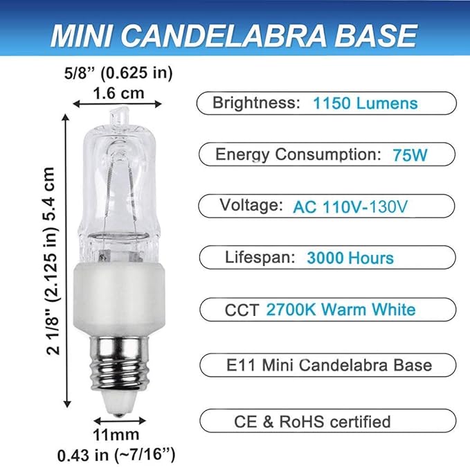 VINACO E11 Bulb, JDE11 120V 75W Halogen Light Bulbs, T4 Mini Candelabra Base, High Output 1150lm, Warm White 2700K, Dimmable, 4-Pack for Ceiling Fan Light Bulbs