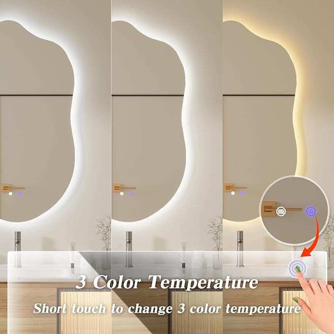 QDSSDECO Irregular LED Bathroom Mirror with Lights,Asymmetrical Led Bathroom Vanity Mirror for Wall with Front and Backlit, Anti Fog, 3 Colors and Dimmable Light, 19.7" x 33.5"