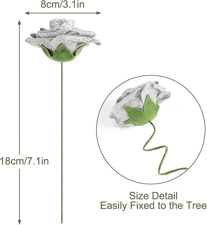 MACTING 30PCS Artificial Glitter Roses Real Looking Fake Flowers with Stem Foam Roses for Wedding Bouquet Centerpieces Party Wreath Home Spring Mothers Day Easter Decorations(Silver)