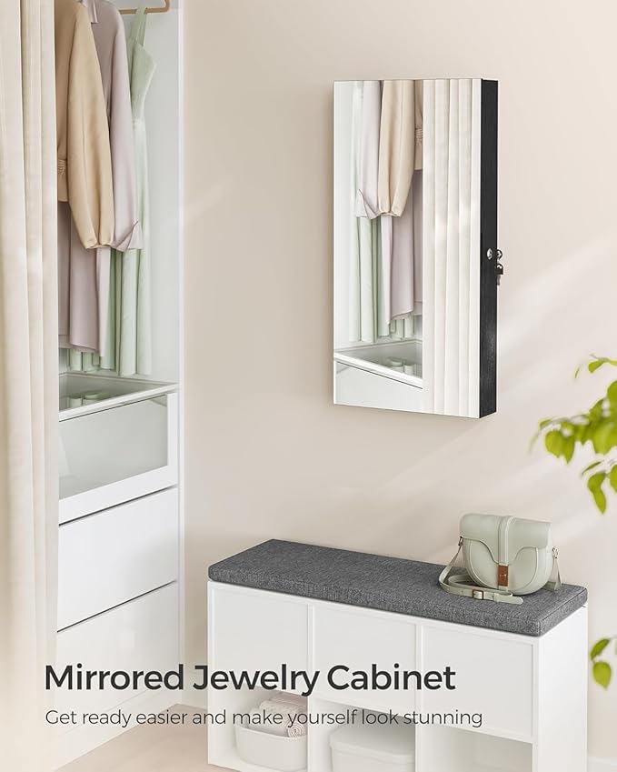 SONGMICS Mirror Jewelry Cabinet Armoire with Built-in LED Lights, Wall or Door Mounted Jewelry Storage Organizer, 3.8 x 14.6 x 26.4 Inches Hanging Mirror Cabinet, Gift Idea, Black UJJC050B01