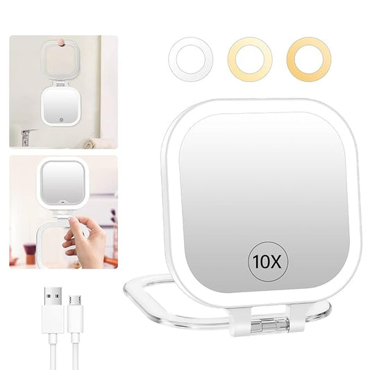 FASCINATE 10X Magnification Compact Travel Makeup Mirror with Lights and Magnification, 3.5 inch Portable 1X/10X Magnifying Mirror with 3 Color Light, Folding, Handheld (White)