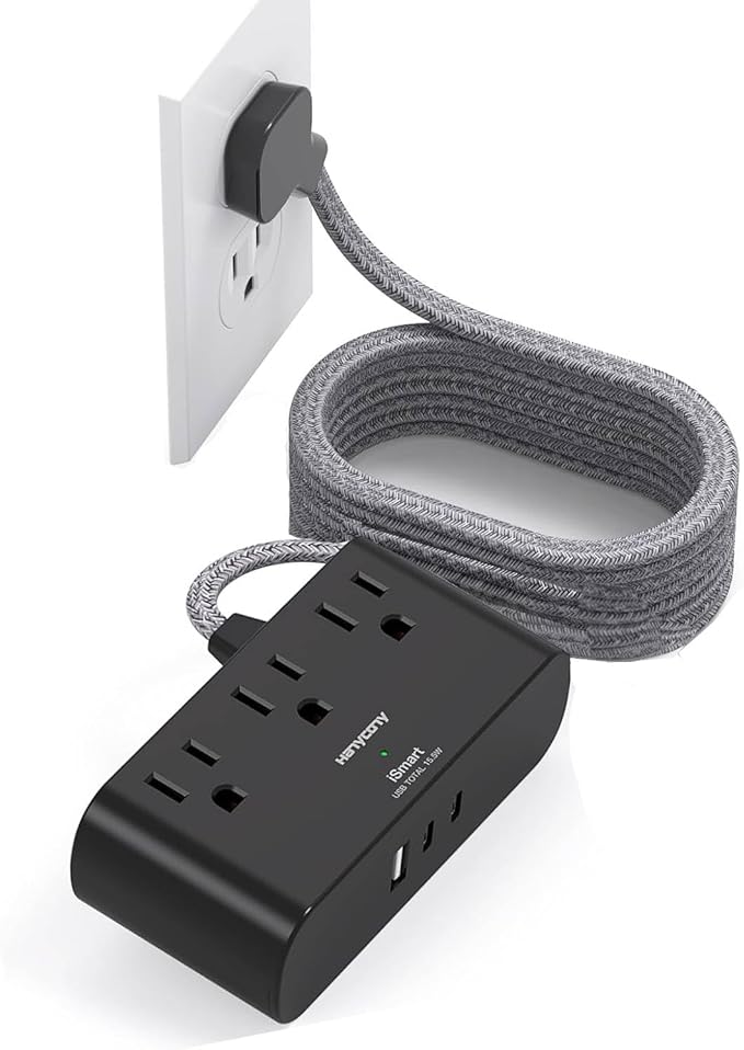 10 Ft Ultra Thin Flat Extension Cord, HANYCONY Black Flat Plug Power Strip with 3 Outlets 3 USB Ports(2 USB C), Desk Wall Outlet Extender, Non Surge Protector for Cruise, Dorm Room Essentials