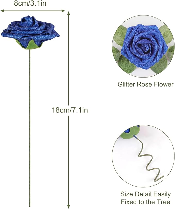 MACTING 30PCS Artificial Glitter Flowers Fake Flowers with Stem Real Touch Foam Roses for Wedding Bouquet Table Centerpieces Party Wreath Home Spring Mothers Day Decorations(Royal Blue)