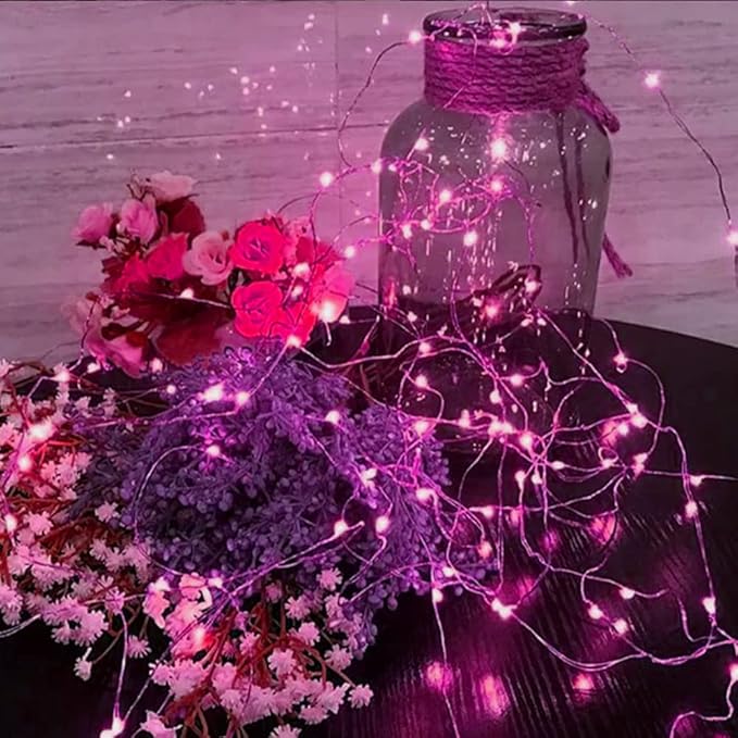String Lights,LED Copper Wire Lights, Each Set 33ft/10M 100LEDs and 6 Remote Control.AA Battery Powered,Decor Rope Lights for Holiday,Wedding, Parties.(Pink)