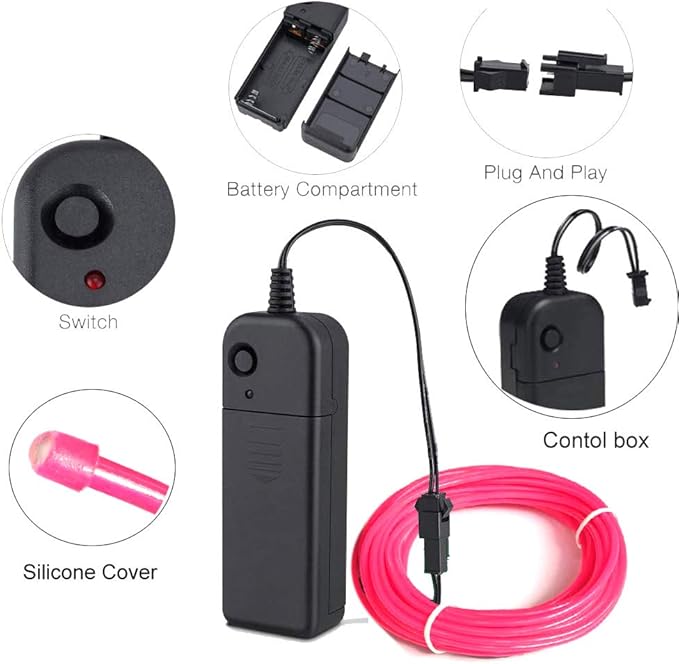 MaxLax EL Wire Pink, 9.8ft/3m Portable Battery Pack Neon Light Strip 360° Cuttable Glowing Rope Lights for Parties, Halloween, DIY Decoration