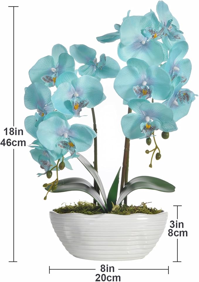 Large Artificial Potted Orchid Plant, Silk Flower Arrangement with Ceramics Vase, Golden Blue