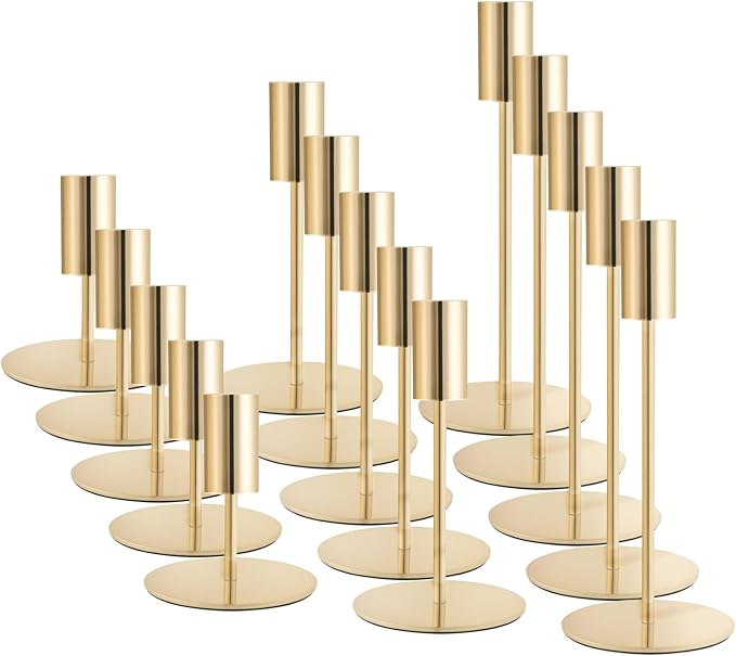 Gold Taper Candlestick Holders,Taper Candle Holders Set of 15,Metal Taper Candle Sticks Stand Holders,Modern Decorative Candle Holders for Wedding Certerpieces,Festive, Mantel,Home,Party