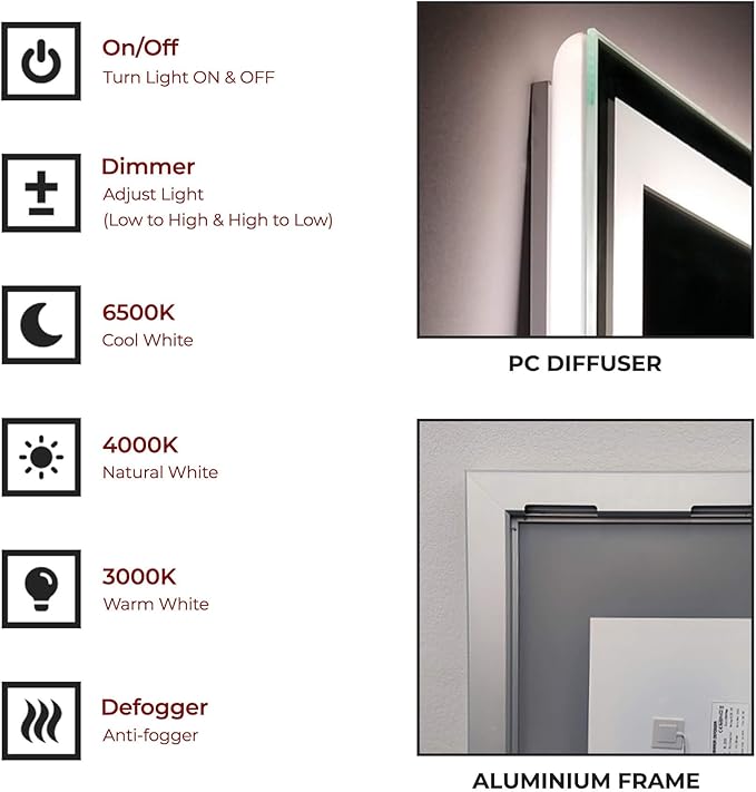 Fab Glass and Mirror Dimmable Lighted Bathroom Wall Vanity with Anti-Fog and Adjustable Colors Rectangular Frameless LED Mirror 40L X 18W Clear