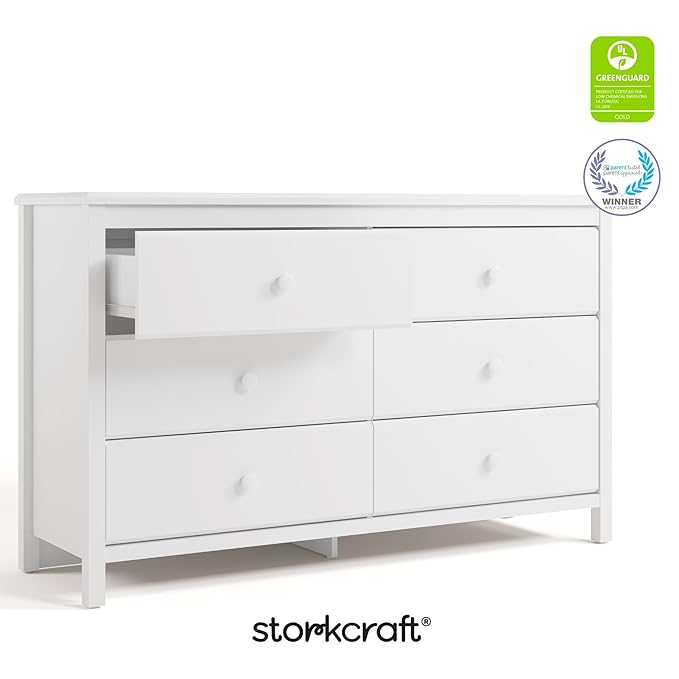 Storkcraft Alpine 6-Drawer Dresser (White) – GREENGUARD Gold Certified, White Dresser for Bedroom, Kids & Nursery Storage Drawers, Safety Interlocking Drawers, Pre-Installed Tracks, Kids Bedroom
