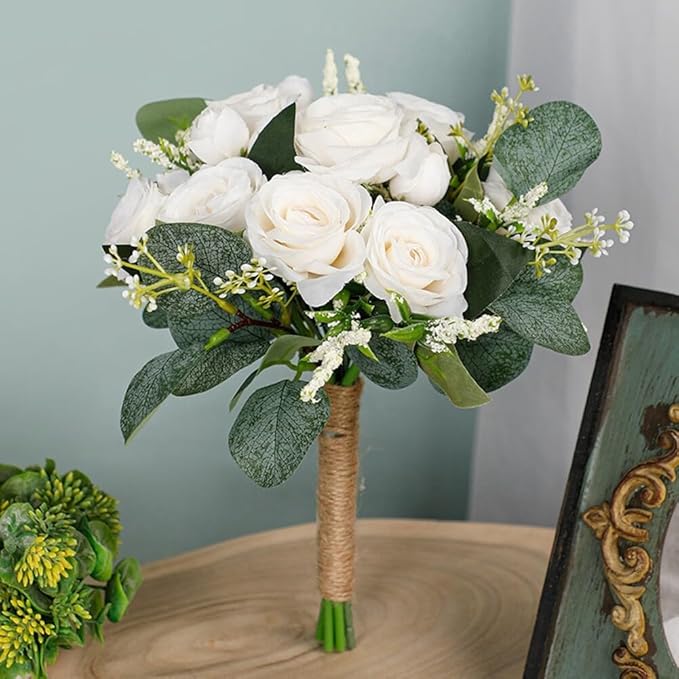 Artificial White Rose Wedding Bouquet - Faux Bride & Bridesmaid Bouquet for Wedding Decor