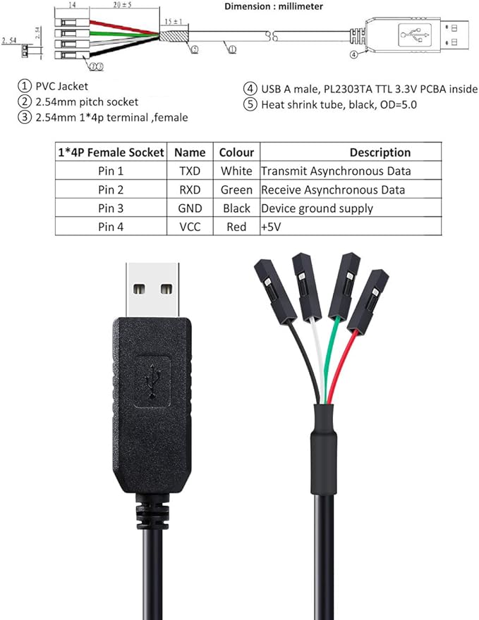 DTECH USB to TTL Serial Adapter 3.3V Debug Cable TX RX Signal 4 Pin Female Socket PL2303 Prolific Chip Windows 10 8 7 XP Vista (3ft, Black)