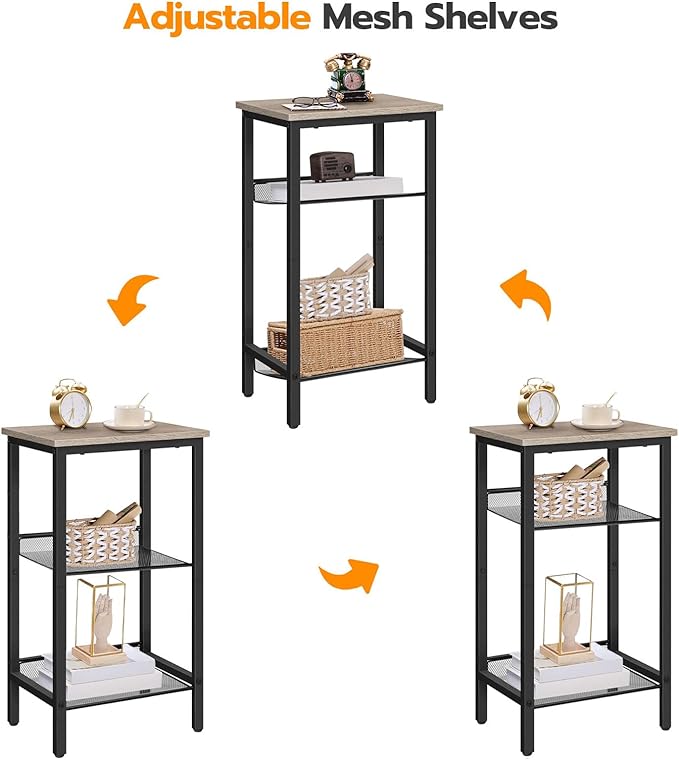 HOOBRO Side Table, 3-Tier Tall End Telephone Table with Adjustable Mesh Shelves, Small Entryway Stand for Living Room Bedroom Hallway or Office, Greige and Black BG01DH01G1