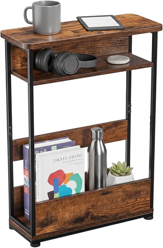 Narrow Side Table,3-Tier Slim End Table with Storage Shelf,Modern Sofa Table Thin Side Table for Narrow and Small Spaces, Skinny Bedside Table Small Nightstand with Magazine Rack Space Saving/Brown