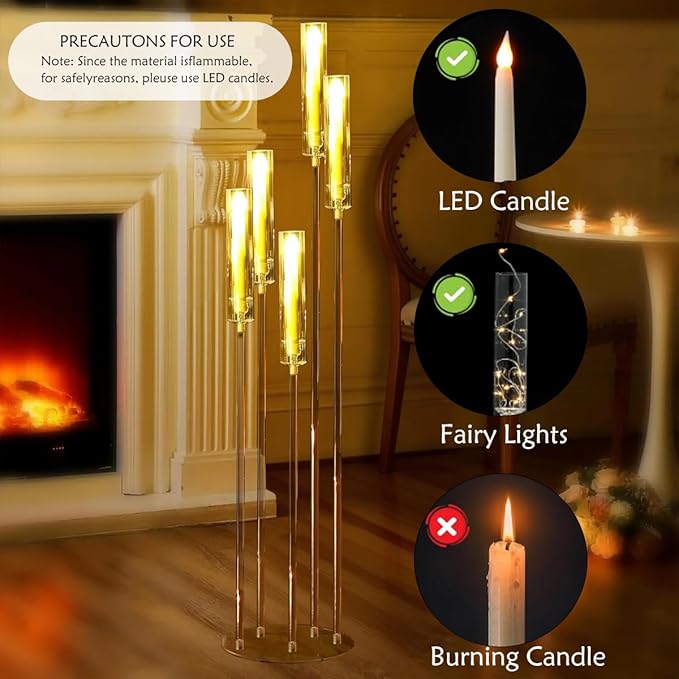 10pcs 5 Arm Candelabra Acrylic Clear Floor Candelabra for Wedding Decor Tall Candle Holder for Table Centerpiece Ceremony Party Home Decoration Fit 0.8 LED Candle