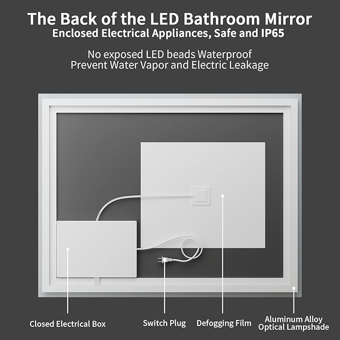 Koonmi 30x60 LED Bathroom Mirror, Backlit + Front Lit, LED Bathroom Mirror with Lights for Wall, 3 Colors, Anti-Fog, Dimmable Brightness, Memory Function, Tempered Glass