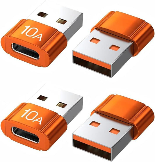 USB to USB C Adapter 4 Pack,10A 200W Fast Charging USB2.0 480Mbps Data Transfer,USB C Female to A Male Charger Converter for Ma-cBook Pad Phone 17/16/15 G-alaxy Xpe-ria Smartphone Laptop Tablet Orange