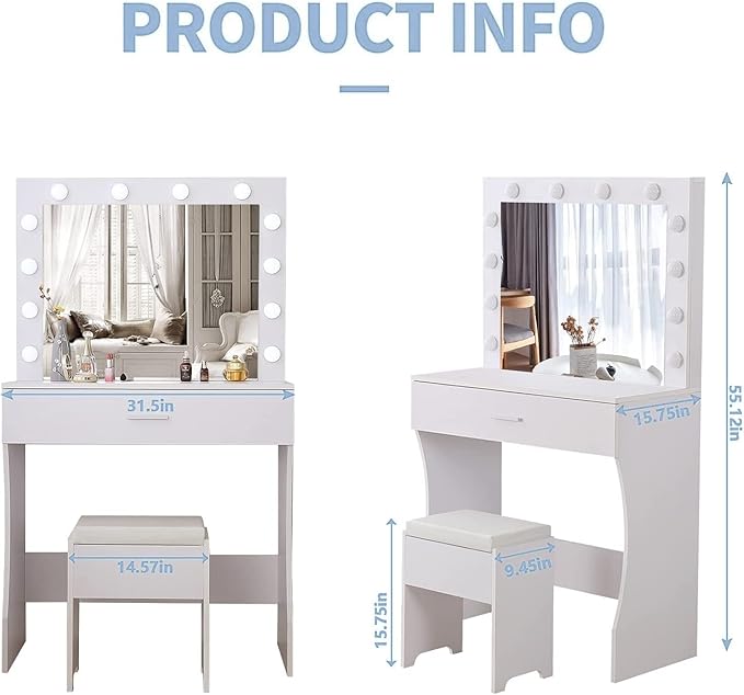 Vanity Table Set with Lighted Mirror - Makeup Vanity with Lights, Adjustable Brightness, Large Drawer Sturdy Wood Vanity, White 80x40x140cm