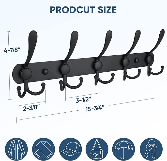 TICONN Wall Mounted Coat Rack, Five Heavy Duty Tri Hooks All Metal Construction for Jacket Coat Hat in Mudroom Entryway (Matte Black, 1-Pack)