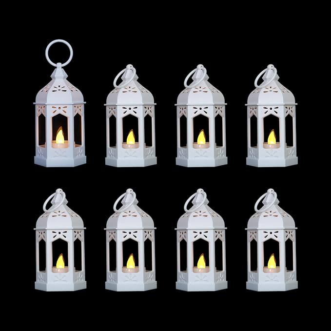 LLQ 8 Pcs Mini Lantern Decor Moroccan Lantern with Flickering LED Candle Table Centerpiece Small Vintage Wedding Hanging Lamp Ornaments Bulk for Wedding Halloween Christmas Party (5 Inch,White)