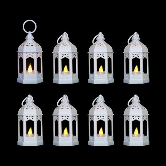 LLQ 8 Pcs Mini Lantern Decor Moroccan Lantern with Flickering LED Candle Table Centerpiece Small Vintage Wedding Hanging Lamp Ornaments Bulk for Wedding Halloween Christmas Party (5 Inch,White)