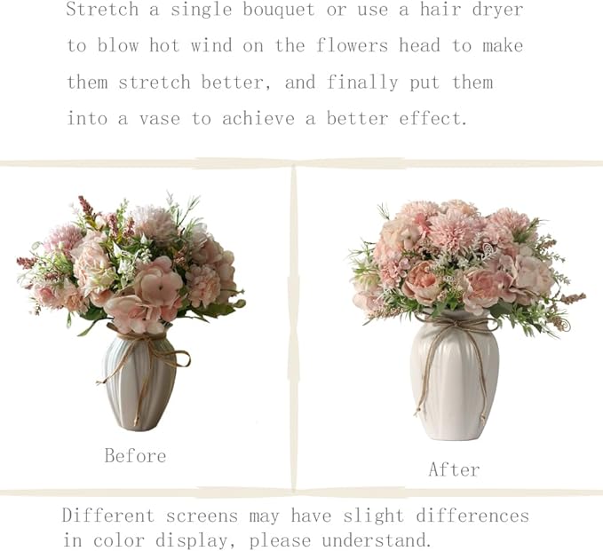 Peonies Artificial Flowers in Vase, Fake Hydrangea Silk Peony Flower Bouquet with Vase Faux Flowers Arrangement Decor Home Table Dining Room (Pink)