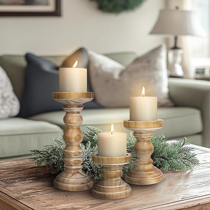 Candle Holder for Pillar Candle Set of 3, Farmhouse Wood Candle Holder, Rustic Wooden Candle Stand, Vintage Tall Candle Stand Decorative for Living Room, Table Centerpiece,Brown