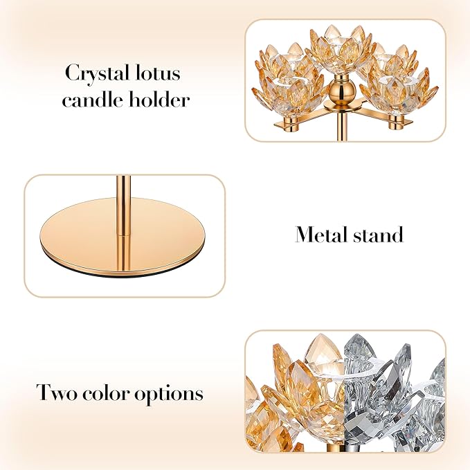 Crystal Candle Holders Lotus Candelabras Gold Arch Candlestick, Centerpiece Table, Home Hecor for Wedding, Dinning Room, Coffee Table, Kitchen, Living Room, Entryway (5 Arms, Gold, Taper Candle)