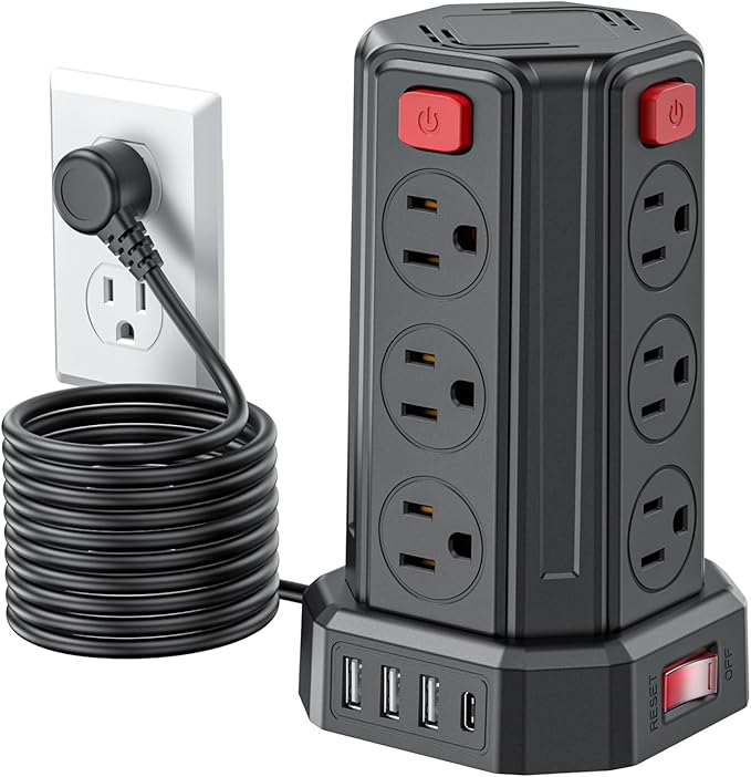 Power Strip Surge Protector, 10 Ft Extension Cord with 12 AC Multiple Outlets 4 USB (1 USB C), SMALLRT Power Tower Desktop Charging Station