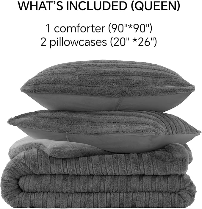 BEDELITE Fleece Queen Comforter Set -Super Soft & Warm Fluffy Grey Faux Fur Bedding, Luxury Fuzzy Heavy Bed Set for Winter with 2 Pillow Cases
