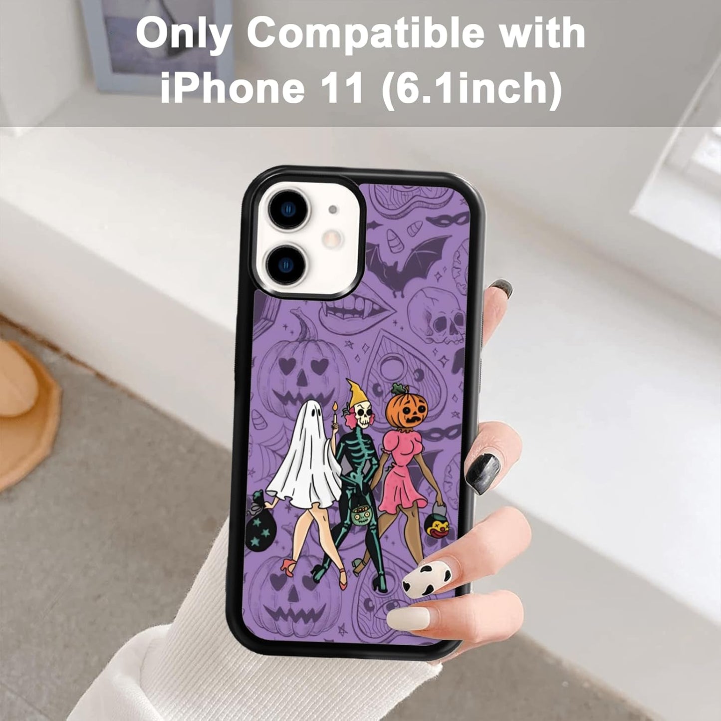 Halloween Spooky Ghost Phone Case for iPhone 11, TPU Shockproof Protective Cover with Eyeball Bat Bones Design - Gift