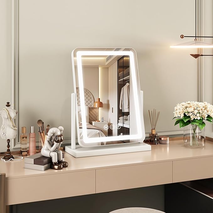 Vanity Mirror with Lights, 18"x13" Hollywood Lighted Makeup Mirror for Tabletop & Bedroom 3 Color Lighting Modes Smart Touch Control 360° Rotation Detachable
