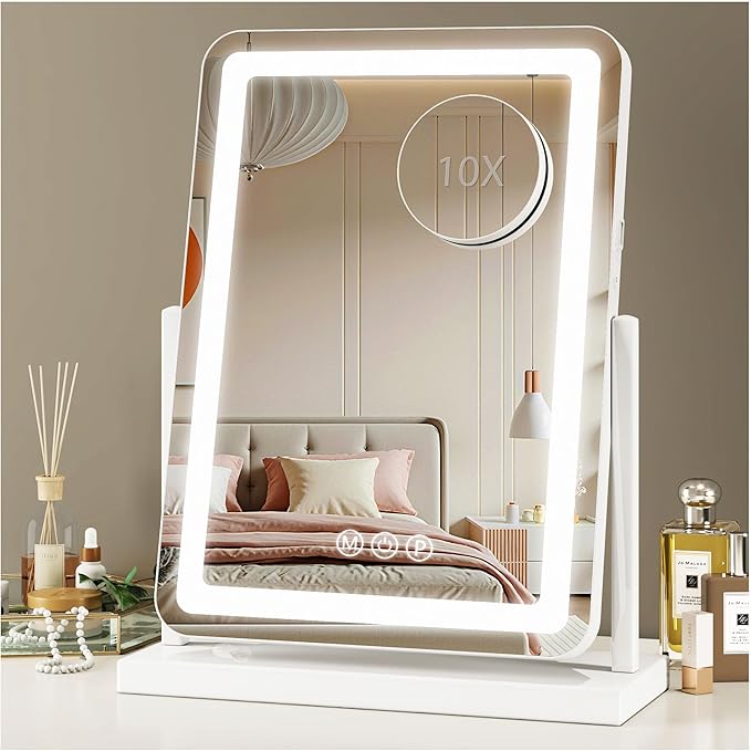 Vanity Mirror with Lights, 18"x13" Hollywood Lighted Makeup Mirror for Tabletop & Bedroom 3 Color Lighting Modes Smart Touch Control 360° Rotation Detachable