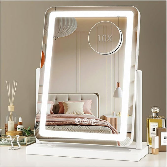 Vanity Mirror with Lights, 18"x13" Hollywood Lighted Makeup Mirror for Tabletop & Bedroom 3 Color Lighting Modes Smart Touch Control 360° Rotation Detachable