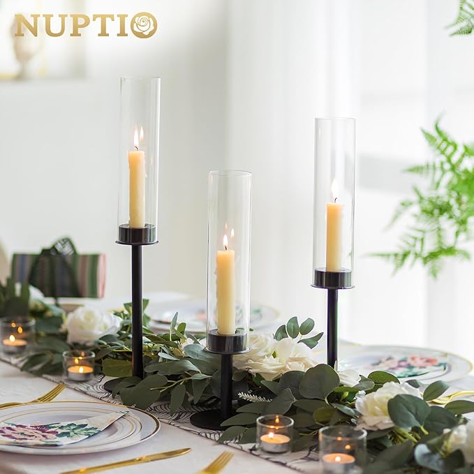 NUPTIO Hurricane Candle Holders Bulk: 18 Pcs Black Tapered Candlesticks Holder with Crystal Glass Cylinder Sleeves Metal Taper Candle Stick Holder for Christmas Thanksgiving Party Event Centerpieces