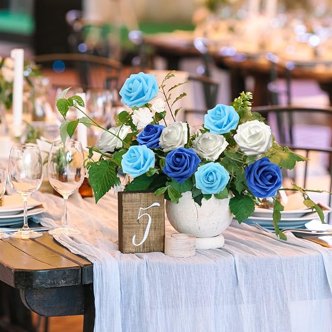 Artificial Flowers Realistic Roses, 25pcs Blue & White Real Looking Fake Roses with Stem for DIY Wedding Bouquets Centerpieces Bridal Shower Party Home Romantic Decorations (25pcs, Shades of Blue)
