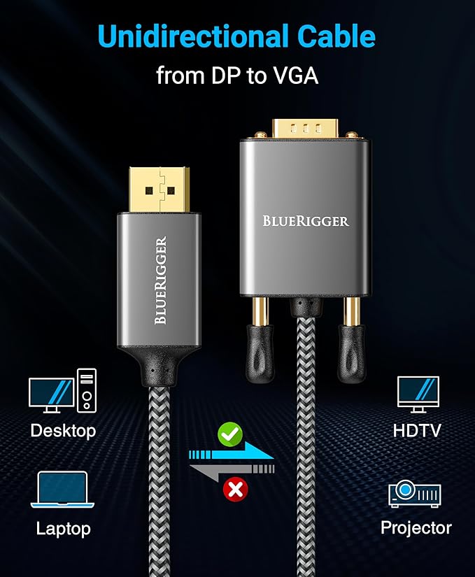 BlueRigger 6FT DisplayPort to VGA Cable - DP to VGA Monitor Cable, Uni-Directional, Male to Male, Compatible with Laptop, Monitor, Desktop, HDTV
