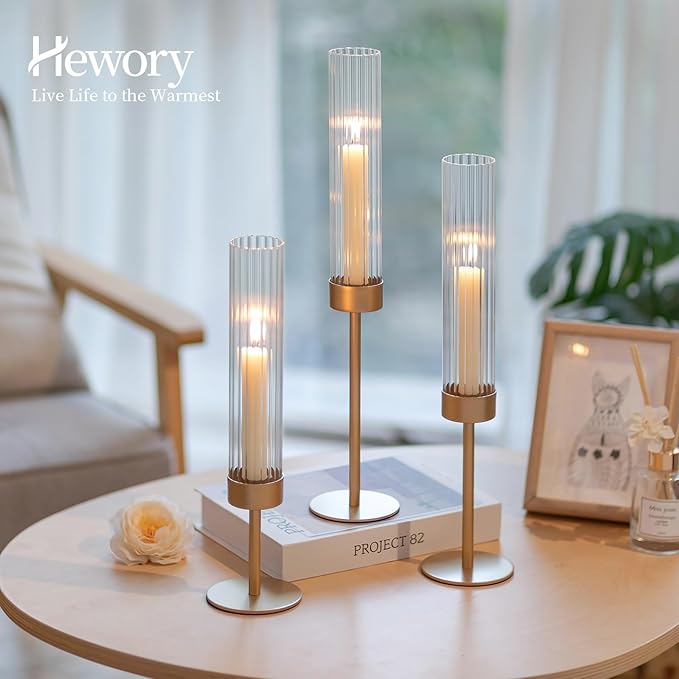 Hewory Gold Hurricane Candle Holders: Brass Candlestick Holders Set of 3 Tall Taper Candle Holders for Candlesticks Candle Sticks Holder Decor for Table Centerpiece Wedding Party Christmas Decorations