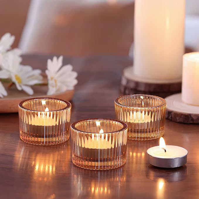 12Pcs Gold Candle Holders for Table Centerpiece, Ribbed Gold Tea Light Candle Holders with 20pcs Tea Light Candles for Wedding Decor, Home Decor and Party Decor
