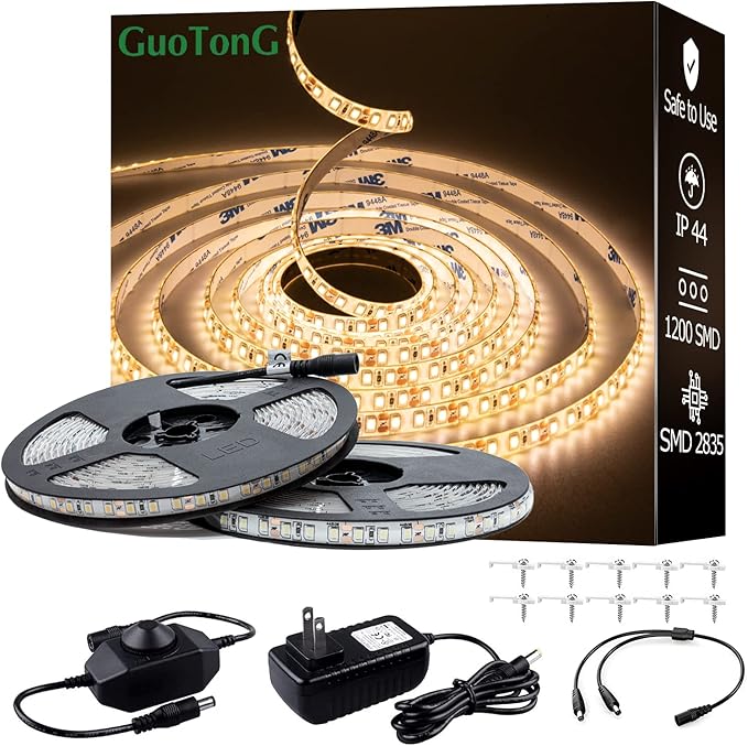 White LED Strip Lights, Waterproof cuttable 1200 SMD 2835 LED Tape, 12V 65.6ft/20m Flexible Ribbon, Kitchen Cabinet Lighting (Warm White)