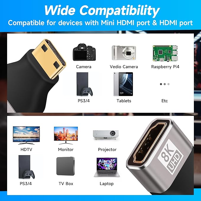 8K Mini HDMI to HDMI Adapter 2Pack,Mini HDMI (Male) to HDMI (Female) Converter Connector (Aluminum Shell) Support 8K@60Hz,4K@120Hz, HDR,3D Compatible with Camera, Camcorder, Laptop, Raspberry Pi Zero