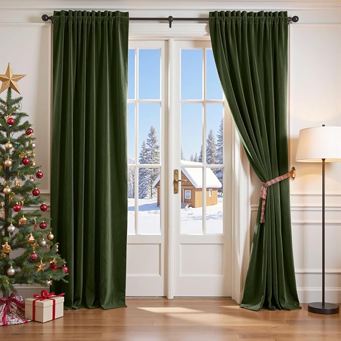 Lazzzy Velvet Blackout Curtains Thermal Insulated Room Window Drapes Super Soft Luxury Curtains for Living Room Bedroom Rod Pocket 2 Panels, Moss, 52" W x 102" L