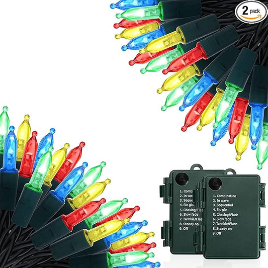 KOUQIYA Battery Operated Christmas Lights, 2 Set of 17ft 50 LED Mini String Light with Auto-Timer 8 Modes Waterproof Tree Lights (Multicolor, 50 LEDs x 2 Pack)