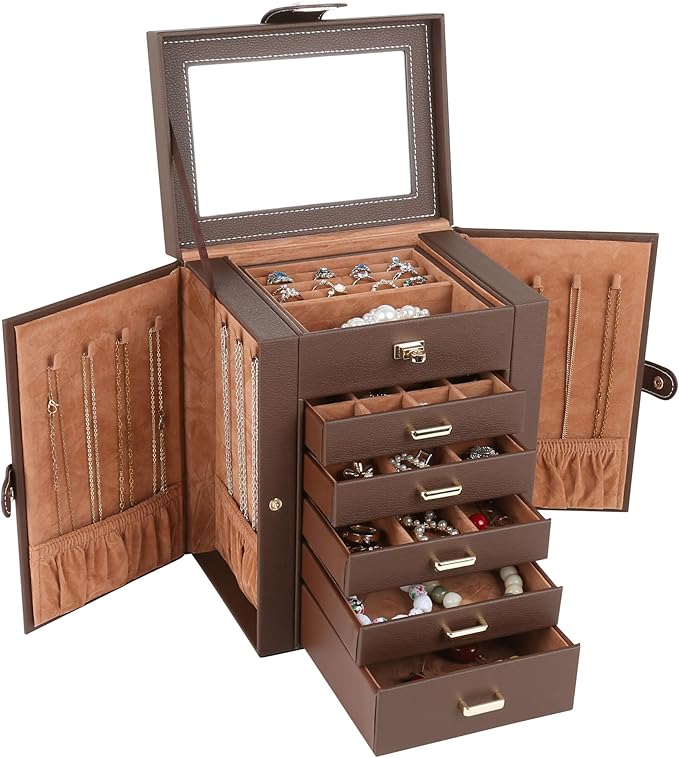 Kendal Jewelry Box, 6-Layer Jewelry Storage Organizer for Necklace Bracelet Rings Watch, 10.2"x8.2"x6" Classic Brown PU Leather 5 Drawers Large Storage Capacity with Mirror