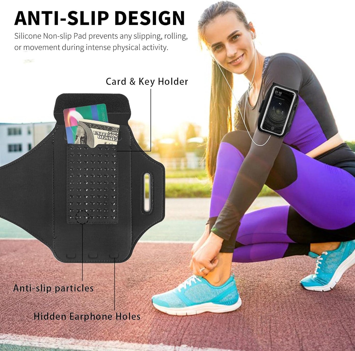Running Armband with Earphone Bag, Cell Phone Holder for iPhone 16/15/14/13/12 Pro, Galaxy S21/S20