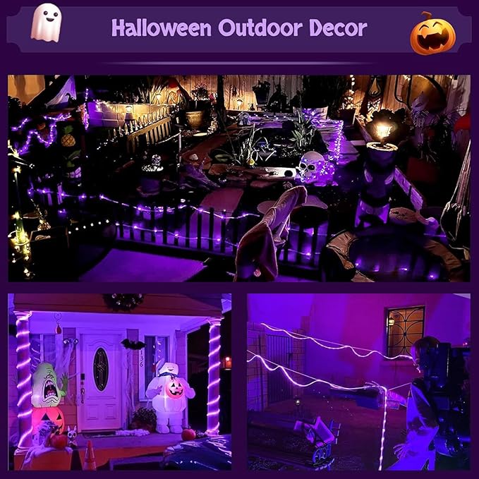 JMEXSUSS 2 Pack Purple Lights Battery Operated Halloween Lights Outdoor Waterproof, Each 33 ft 100 LED Battery Powered Rope Lights, Purple String Light with Remote for Balcony Garden Halloween Decor